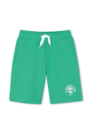 Shorts décontractés verts avec cordon blanc, poches latérales, et logo Timberland blanc avec graphique d'arbre et "1973" sur la jambe gauche.