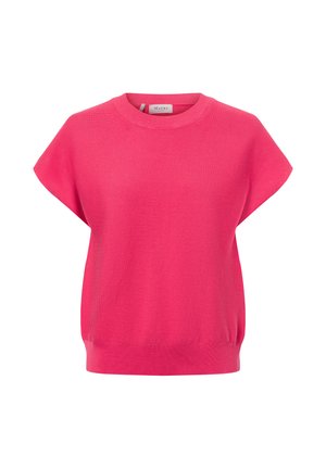 Rosa Kurzarmpullover mit rundem Ausschnitt, leicht lockerer Passform und geripptem Saum. Hergestellt aus leichtem, weichem Stoff mit glatter Textur.
