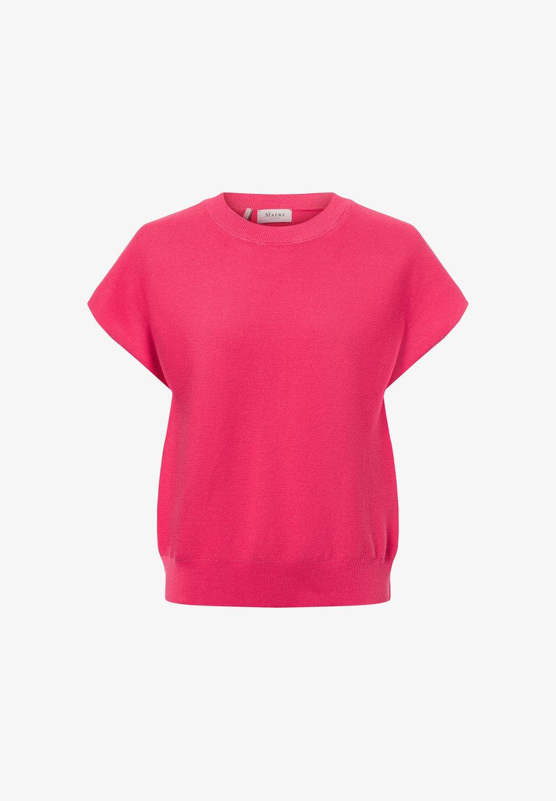 Pink short-sleeve sweater with a rounded neckline, slightly loose fit, and ribbed hem. Made from lightweight, soft fabric with smooth texture.
