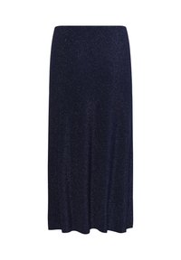 Fustă midi bleu marin, material moale cu un ușor strălucire, talie elastică, croială dreaptă, textură netedă și fără închizători vizibile.