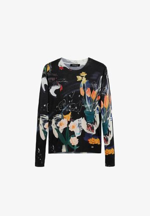 Mustast materjalist pika varrukaga pluus, millel on värvikas lillemuster, sealhulgas tulpide ja nartsissidega, pehme kangakatte ja ümar kaelusega.