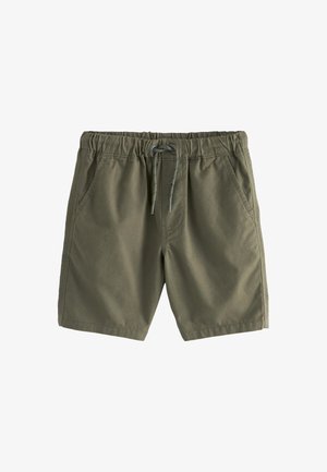 Maslinasto zelene kratke hlače izrađene od laganog materijala, s elastičnim pojasom i vezicom, bočnim džepovima i jednostavnim, neukrasnim dizajnom.