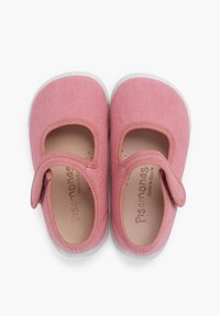 Pink canvas Mary Jane shoes with a hook-and-loop strap, rounded toe, white rubber sole, and logo embossed on beige insole.