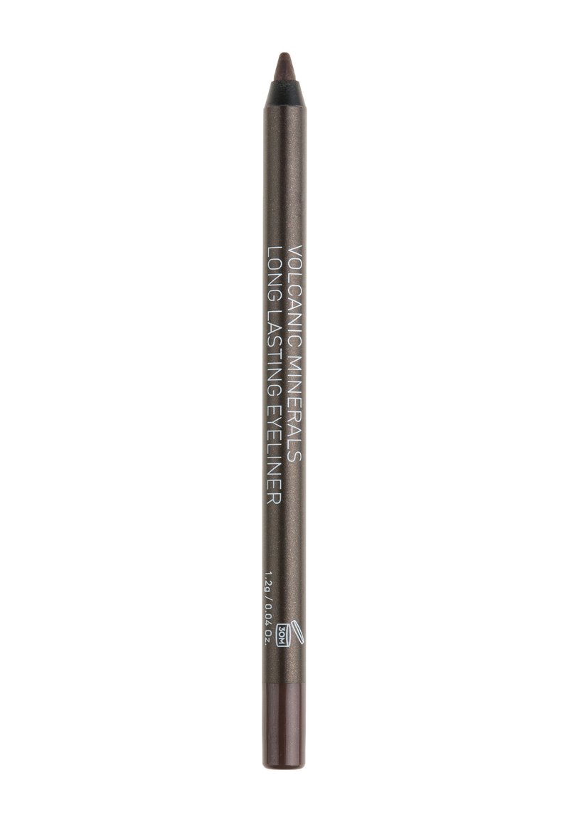 Brun eyelinerpenna med en mjuk, metallisk finish. Har etiketten "Vulkaniska mineraler" i vit text. Avsmalnande spets för precis applicering.