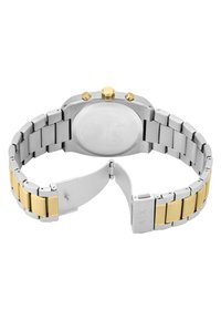 Orologio in acciaio inossidabile con un bracciale bicolore oro e argento. Presenta una cassa rotonda, tre pulsanti dorati e un fondello in argento lucido.