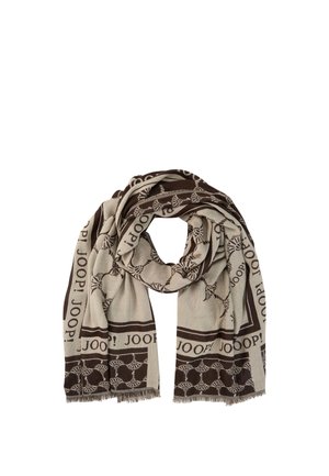 Beige and brown scarf with repeating text "JOOP!" and decorative patterns, folded and arranged in a loose loop on white background.