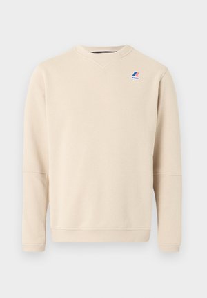 Beiges Sweatshirt mit Rundhalsausschnitt, langen Ärmeln und kleinem rot-weiß-blauem K-Way-Logo auf der oberen linken Brustseite.
