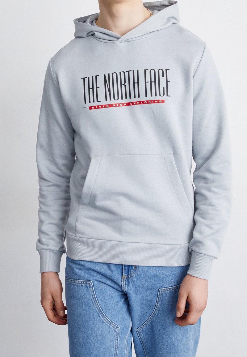 Persona vistiendo una sudadera gris claro con el texto "THE NORTH FACE" y "NEVER STOP EXPLORING", combinada con jeans azules, frente a un fondo liso.