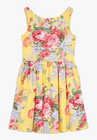 Šaty s květinovým vzorem na žlutém pozadí, bez rukávů, s přiléhavým živůtkem a rozšířenou sukní. Obsahují růžové, červené a světle modré květy.