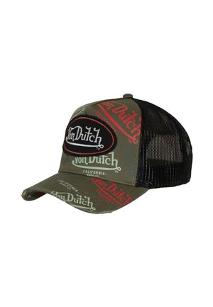 Von Dutch, CASQUETTE TRUCKER EFFET USÉ AVEC PATCH ET PRINT CAFÉ - Casquette - kaki