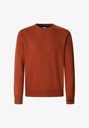 Maglione color ruggine realizzato in tessuto morbido. Presenta un corpetto girocollo, maniche lunghe e polsini a costine. Dettaglio logo testuale sulla manica.