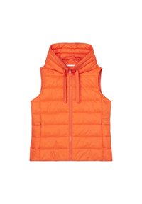 Orange gepolsterte Weste mit Kapuze, vorne mit Reißverschluss und verstellbaren Kordeln. Glatte Textur und leichtes Design, ohne Ärmel.
