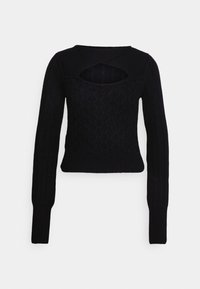 Pull en maille noire à manches longues avec motif torsadé, poignets ajustés et détail découpé sur la poitrine et le haut du décolleté.