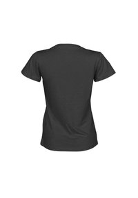 T-shirt grigio scuro a maniche corte con colletto rotondo, realizzato in misto cotone, caratterizzato da una texture liscia e da un design semplice e classico.