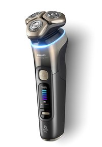 Rasoio elettrico Philips i9000 Prestige Ultra, con un design argento e nero, tre lame circolari, indicatore LED e impugnatura testurizzata.