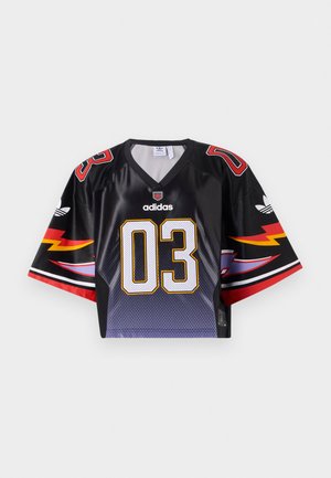 Schwarzes Polyester-Sporttrikot mit kurzen Ärmeln, ausgestattet mit roten, blauen und gelben Akzenten sowie einer auffälligen Grafik "03" auf der Vorderseite.