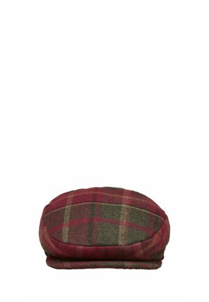 Cappello piatto in lana con motivo a scacchi in tonalità di rosso, verde e marrone.