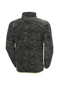 Pullover di felpa nera con un motivo a onde testurizzate in grigio scuro e grigio chiaro. Presenta un colletto alto e un orlo giallo a contrasto.