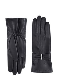 Gants en cuir noir avec un design de poignet froncé, trois coutures horizontales à l'arrière et un accent décoratif en argent au niveau du poignet.