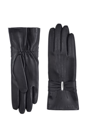 Gants en cuir noir avec un design de poignet froncé, trois coutures horizontales à l'arrière et un accent décoratif en argent au niveau du poignet.