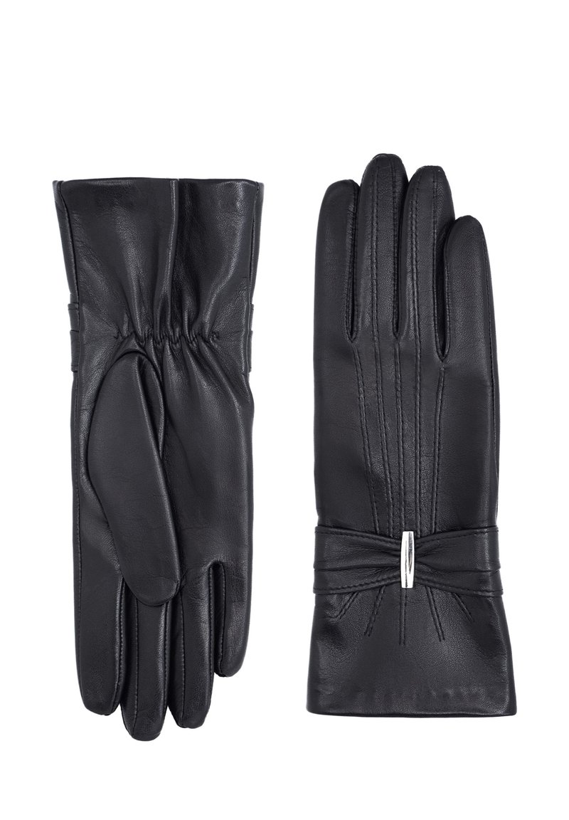 Gants en cuir noir avec un design de poignet froncé, trois coutures horizontales à l'arrière et un accent décoratif en argent au niveau du poignet.