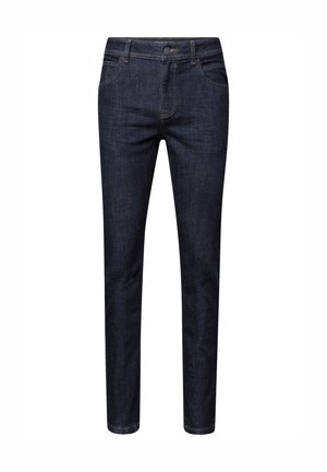 Jeans de mezclilla azul oscuro con un corte slim, que cuentan con cinco bolsillos, pasadores para cinturón y un cierre de botón. Textura suave con detalles de costura sutiles.
