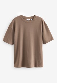 Tricou simplu maro din bumbac cu mâneci scurte și decolteu rotund, afișat pe un fundal alb, mărime medie.