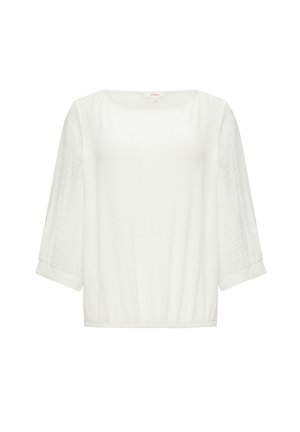 White, loose-fit blouse with a square neckline, three-quarter sleeves, and rolled cuffs, made of textured fabric with a subtle sheen.