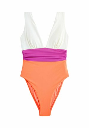 Einteiliger Badeanzug mit tiefem V-Ausschnitt, farblich abgesetzt mit weißem Oberteil, violettem Taillenband und orangenem Unterteil.