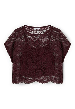 Krótki top z ciemnego bordowego koronki z kwiatowym wzorem i okrągłym dekoltem, półprzezroczysta tkanina, falisty dół.