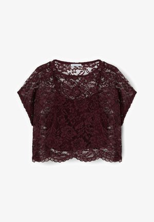 Dunkelburgunderfarbener Spitzen-Crop-Top mit kurzem Ärmel und Blumenmuster, Rundhalsausschnitt, halbtransparentem Stoff und gewelltem Saum.