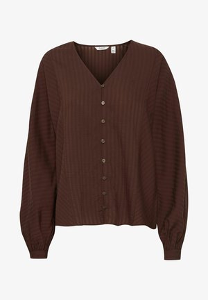 Ruda ilgomis rankovėmis mygtukinė bliuska su V formos iškirpte, turinti vertikalius dryžius, minkštą tekstūrą ir surinktus rankogalius.