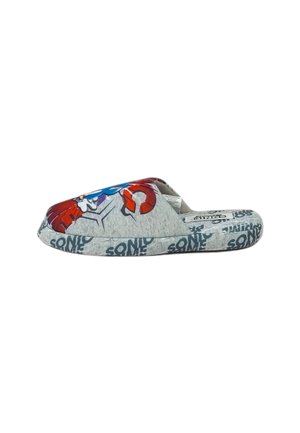 Pantofole in tessuto grigio con una vivace grafica di Sonic the Hedgehog in rosso e blu, con "SONIC" stampato in un motivo ripetuto sulla soletta.