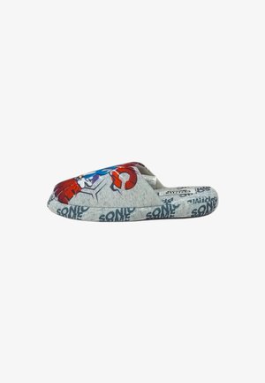 Pantofole in tessuto grigio con una vivace grafica di Sonic the Hedgehog in rosso e blu, con "SONIC" stampato in un motivo ripetuto sulla soletta.