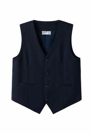 Gilet sans manches bleu marine avec quatre boutons sur le devant et deux poches fendues horizontales de chaque côté.