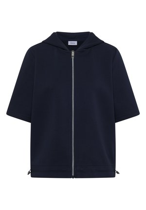 Sweat à capuche zippé manches courtes bleu marine foncé avec fermeture éclair devant, capuche et cordons ajustables à l'ourlet.