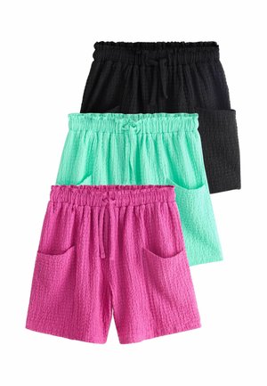 Trzy szorty z teksturowanej tkaniny w kolorach czarnym, miętowym i jaskrawym różowym, każdy z elastycznym pasem, sznurkami do regulacji i przednimi kieszeniami.