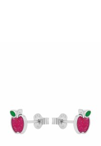 Orecchini a bottone in argento a forma di mele, con una finitura glitter rosa e un accento di foglia verde. Design rotondo, superficie lucida.