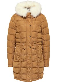 Brown padded parka with a detachable white fur hood, drawstring waist, and snap buttons, featuring a quilted texture and side pockets.