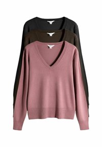 Tre maglioni a V in diverse colorazioni: uno rosa chiaro, uno marrone scuro e uno nero. Tessuto a maglia morbido, maniche lunghe.