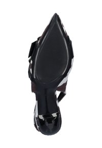 Pointed-toe high heel shoe with a black patent leather sole, featuring a cowhide pattern in brown and white, with a sleek silhouette.