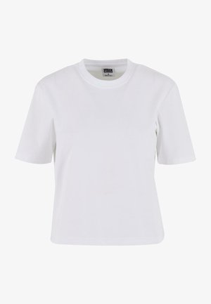 Valge lühikeste varrukatega T-särk, mis on valmistatud puuvillast, featuring madala kaelusega, vabalt langev lõige ja sile tekstuur, minimaalsete õmblusdetailidega.