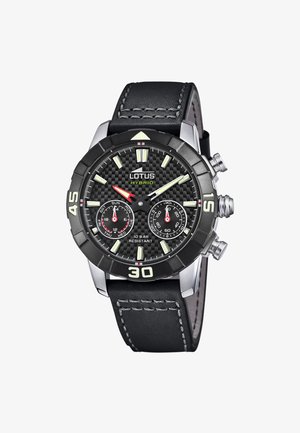 Hibridni ručni sat Black Lotus s kožnim remenom, brojčanikom od karbonskih vlakana, svjetlećim markerima, dva podbrojčanika za dan i sekunde te tri bočne tipke.