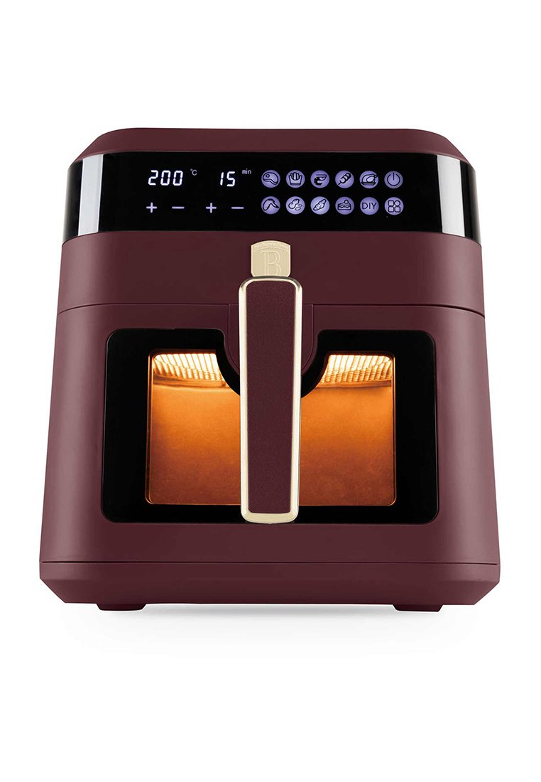 Bordeaux luchtfriteuse met een zwart digitaal bedieningspaneel, displaylichten, gouden accenten en een doorzichtige venster dat de kookruimte onthult.