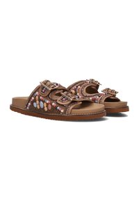 Bruine slide sandalen met complexe kralenwerk in roze, blauw en bruin, met dubbele verstelbare gespen en een geprofileerde zool.