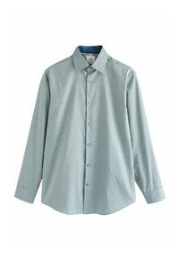 Cămașă butonată verde deschis cu mâneci lungi, având un model mic, guler ascuțit și butoane verzi. Interiorul gulerului contrastează cu albastru închis.