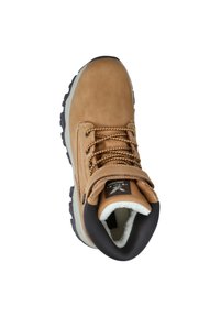 Braune Lederwanderschuhe mit gepolstertem Schaft, weißem Fleece-Futter und strukturiertem Gummisohle. Mit braunen Schnürsenkeln und verstärkter Zehenkappe.