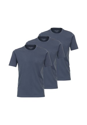 Set von drei kurzärmeligen T-Shirts in Dunkelblau, aus weicher Baumwolle, mit Rundhalsausschnitten und einem schlichten Design ohne Muster.