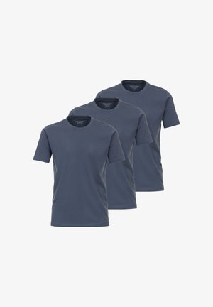 Ensemble de trois t-shirts à manches courtes en bleu foncé, fabriqués en coton doux, avec des encolures ras du cou et un design uni sans motifs.