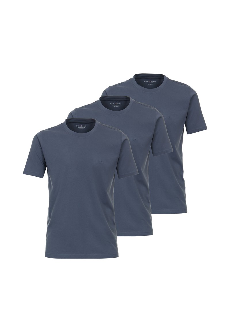 Set di tre t-shirt a maniche corte di colore blu scuro, realizzate in morbido cotone, con collo rotondo e un design semplice senza pattern.